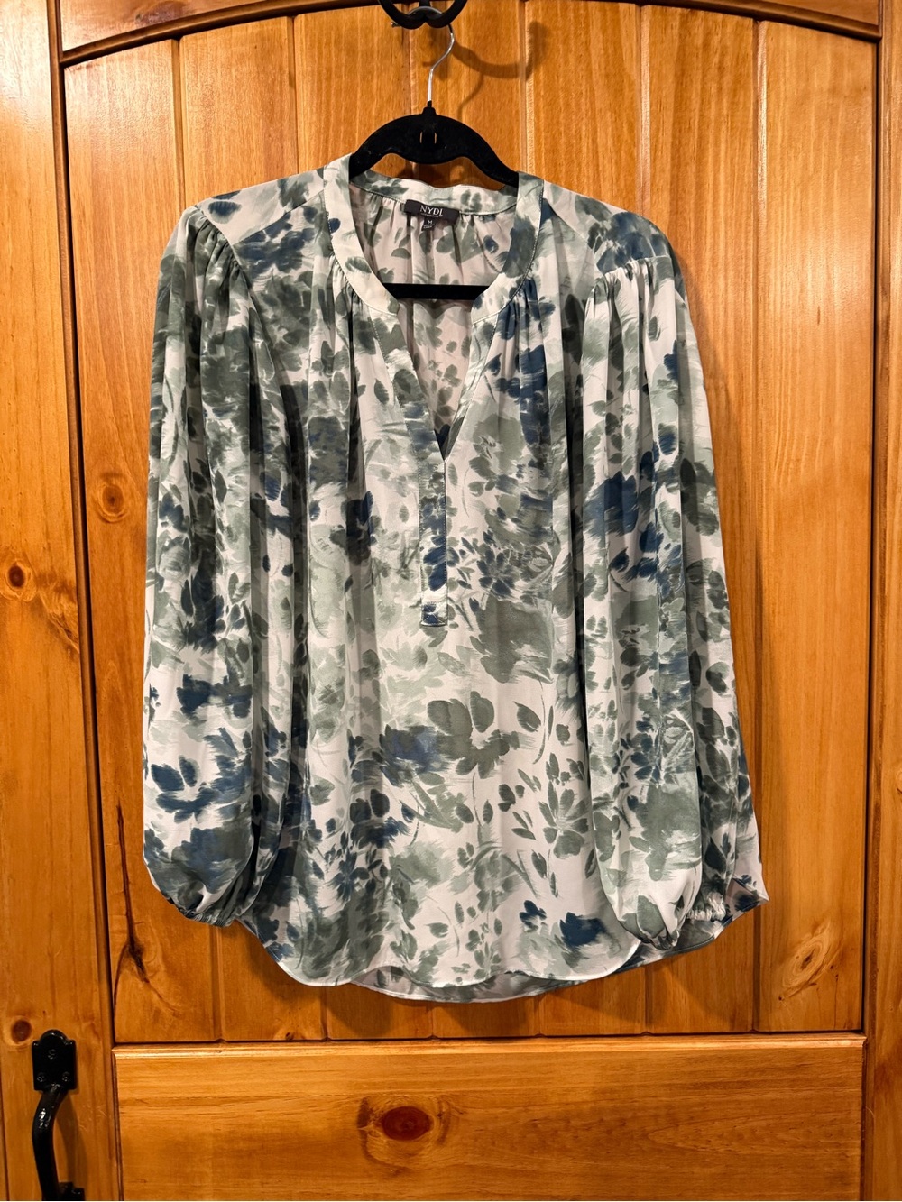 NYDJ Sage and Blue Floral V-Neck Blouse